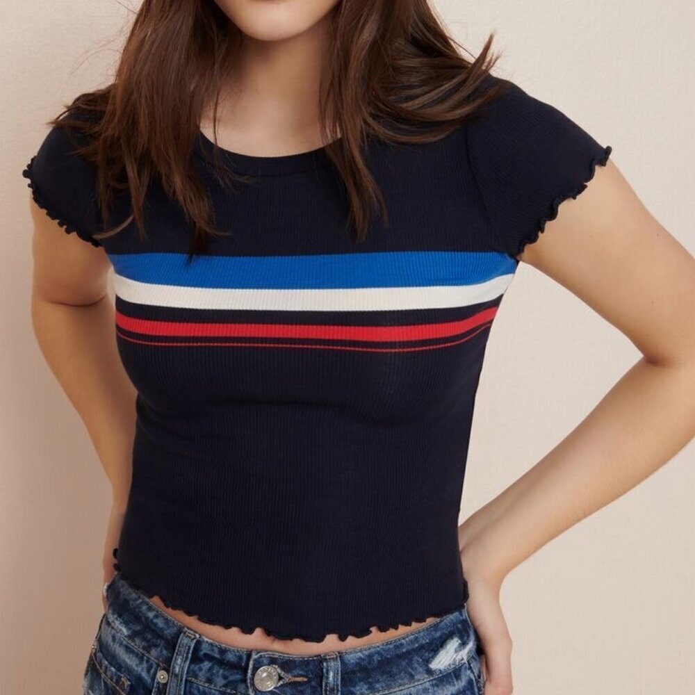 Garage Lettuce Edge Baby Tee Navy Blue, White and Red Stripe Medium